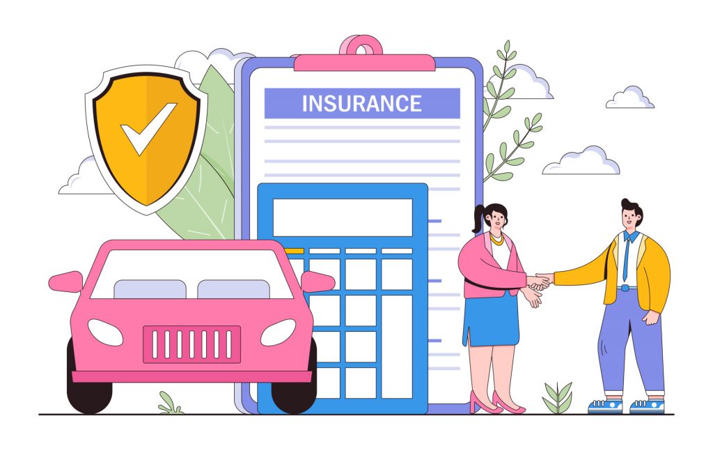 Flat car insurance coverage protection contract document with shield or auto vehicle guarantee assurance legal doc policy concept. Outline design style minimal vector illustration for landing page.